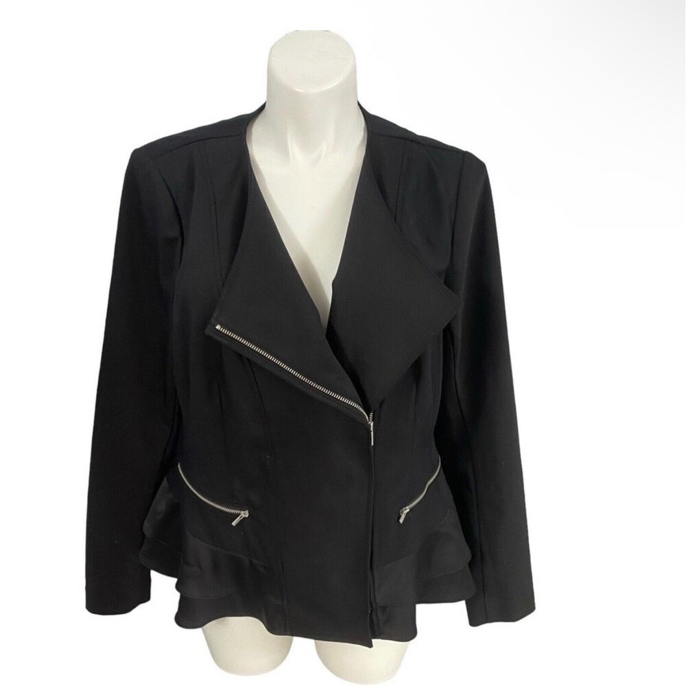 (A10) Lane Bryant Black Moto Jacket Satin Ruffle Hem Asymmetrical Zip Plus 20